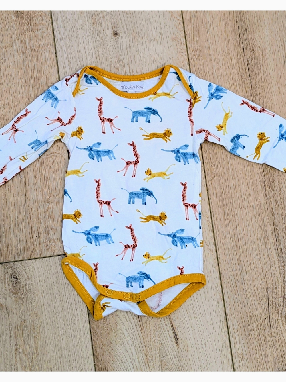 Moulin Roty White Safari Print Long-Sleeve Baby One-Piece